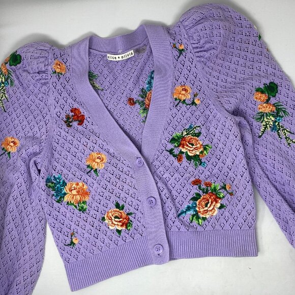 Alice + Olivia Morita Lavender Multi Floral Puff Sleeve Cardigan XS - Picture 10 of 15